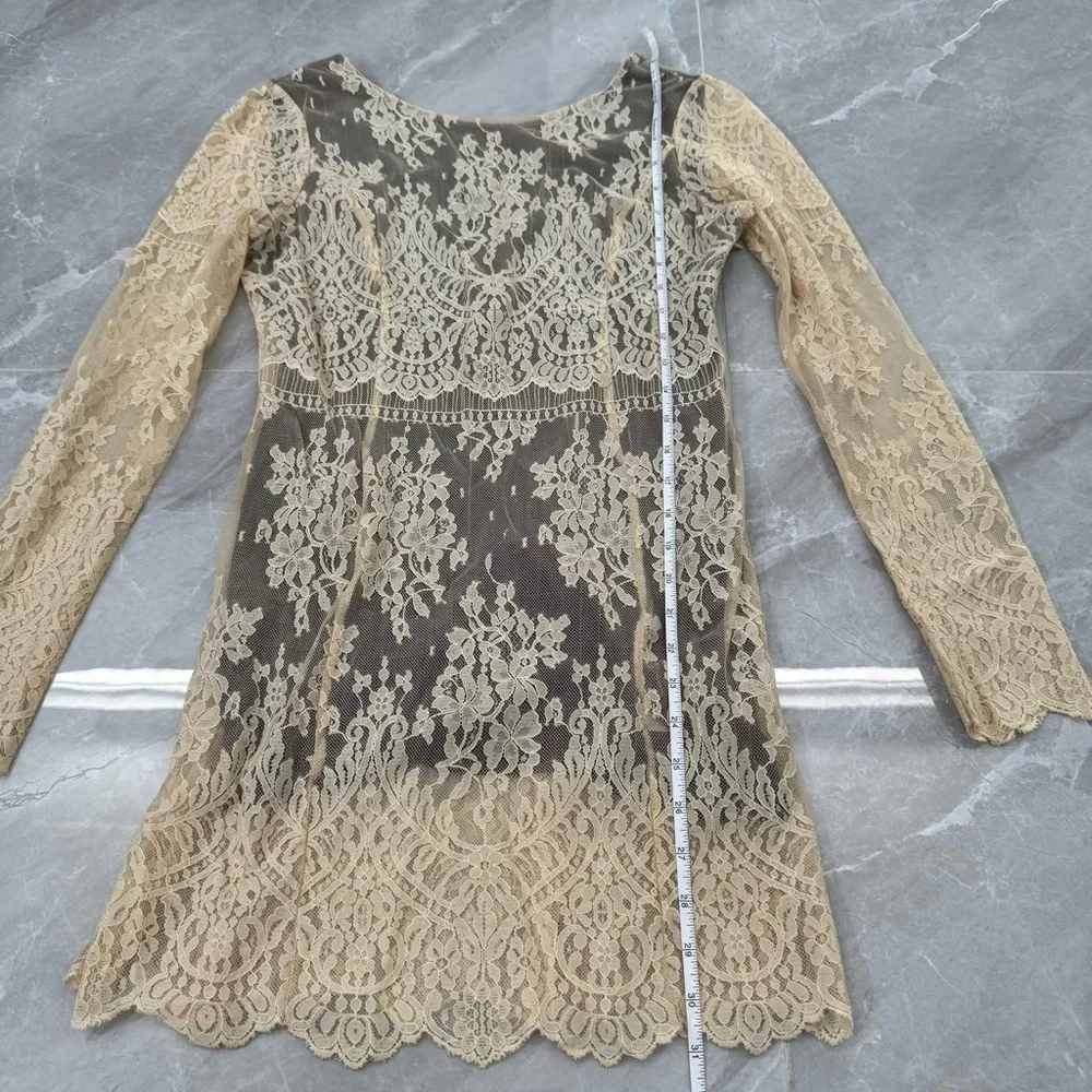 Women’s Free People Lace Open V Back Dress Long Sleeve Lined Boho Size Small - Picture 16 of 16